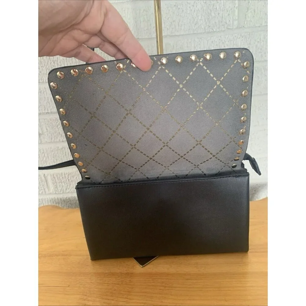Mark & Hall Fold Over Black Faux Leather Crossbody Flap Bag Gold Rock Stud EUC